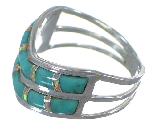 Southwest Turquoise And Opal Inlay Silver Ring Size 5-3/4 AX53991